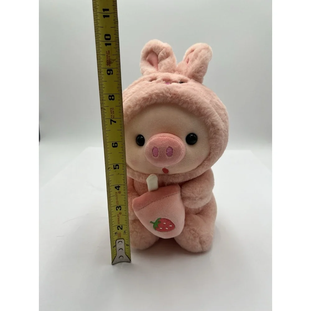 QQMCC Pink Pig Plush Bunny Hood Strawberry Boba Bubble Tea Stuffed Animal 12